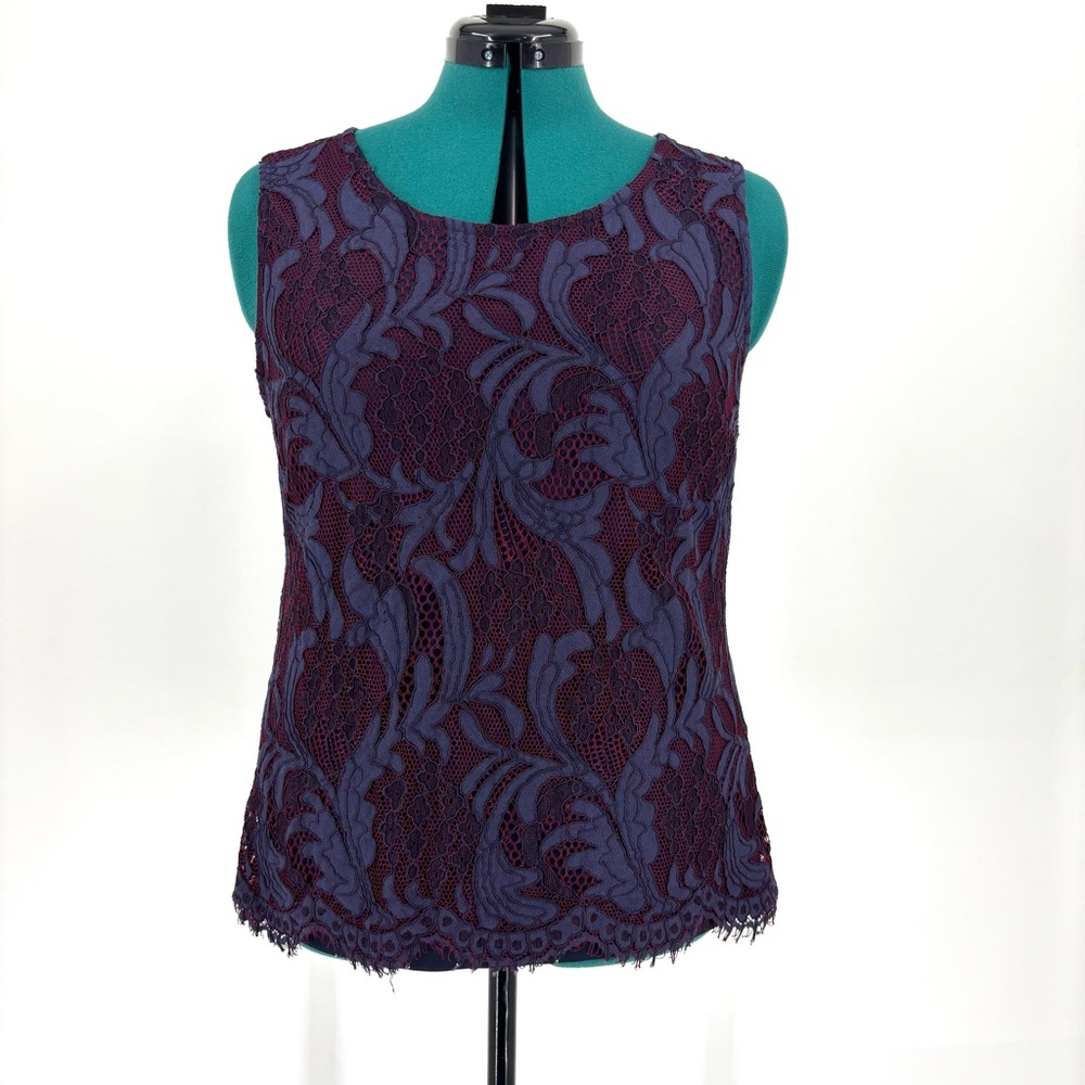 Solitaire Blue and Red Textured Lace Sleeveless Lined Top, Large